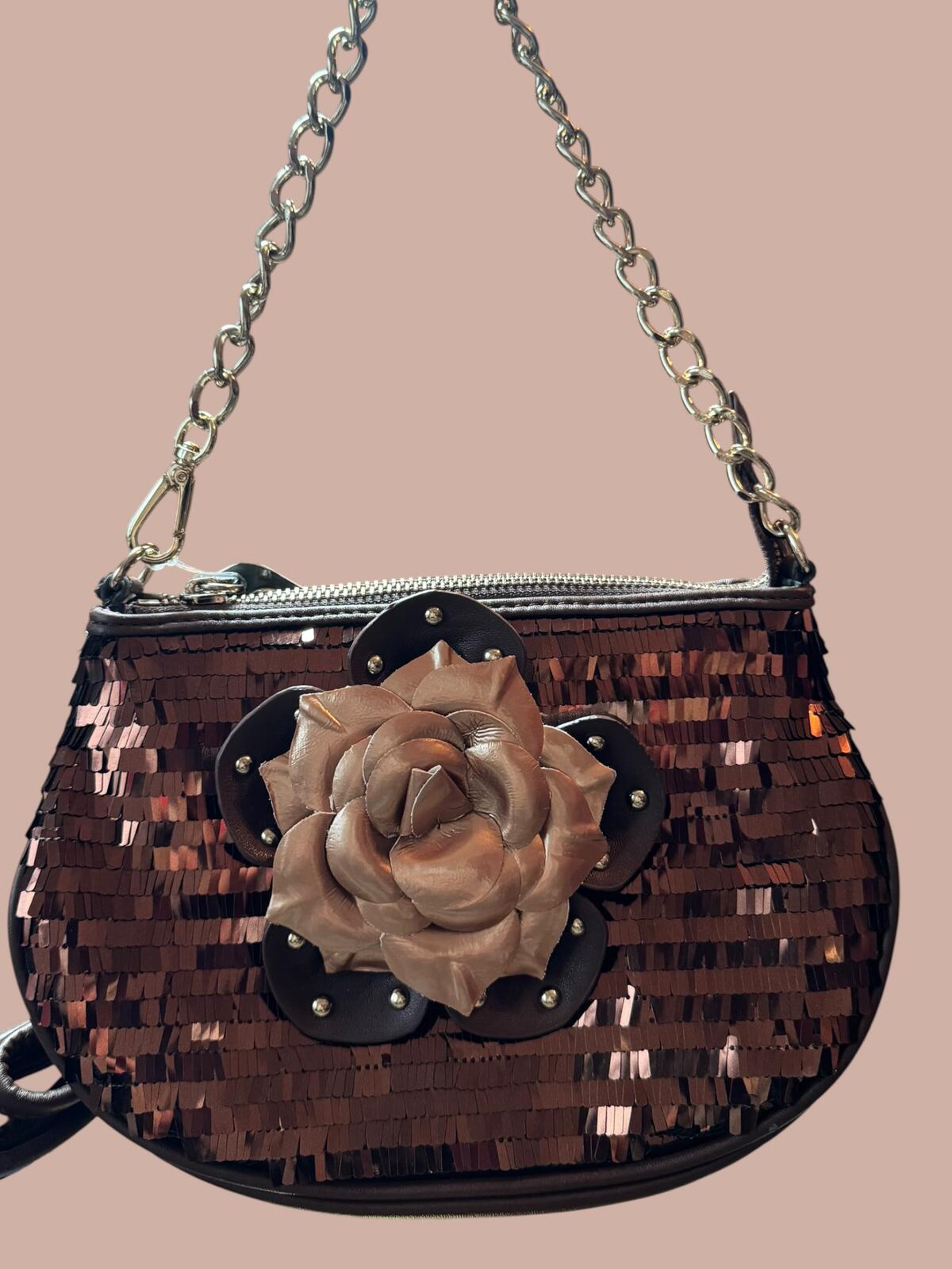 Sharif Brown Sequin Flower Embellished Chain Shoulder Bag