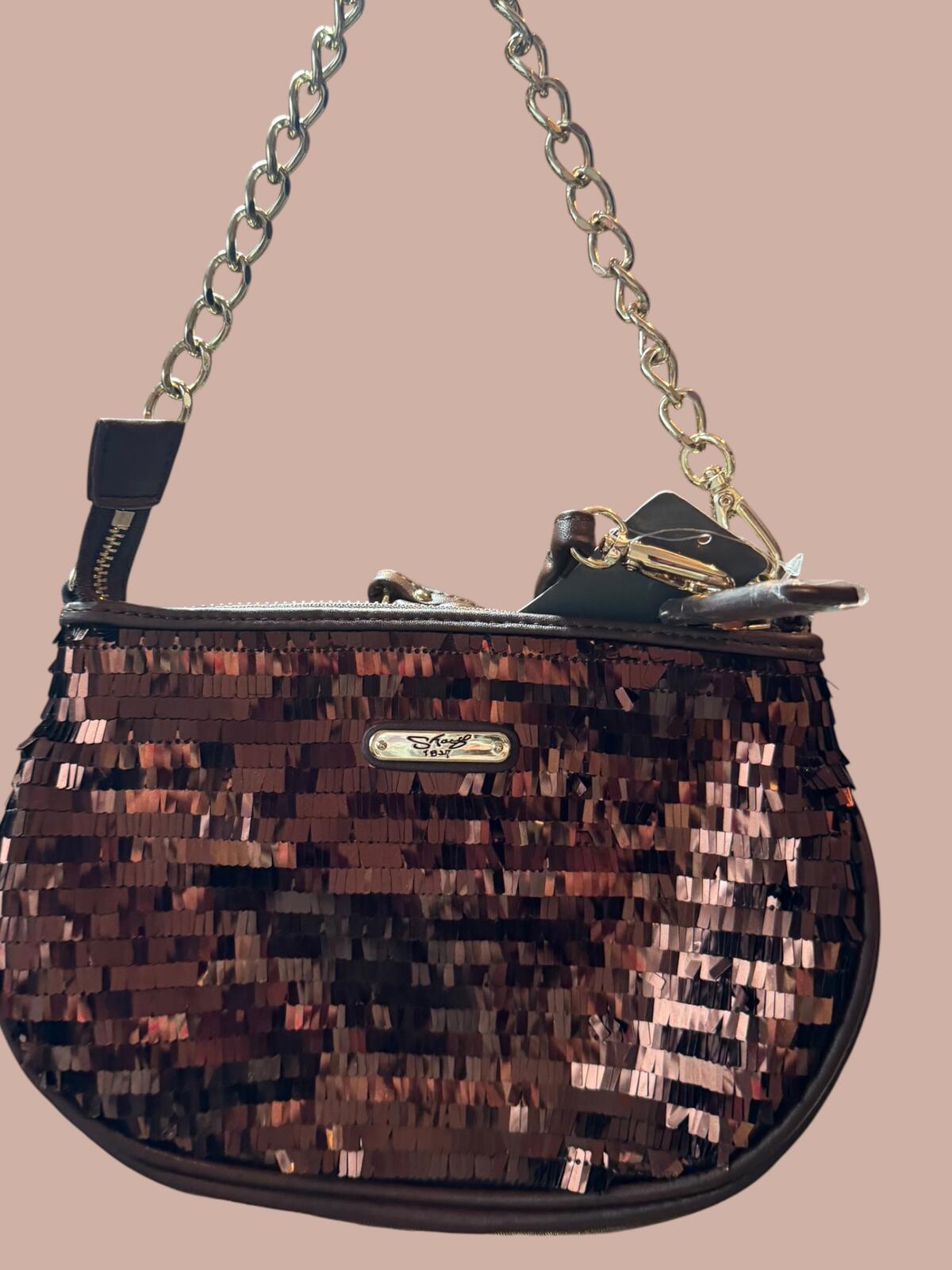 Sharif Brown Sequin Flower Embellished Chain Shoulder Bag