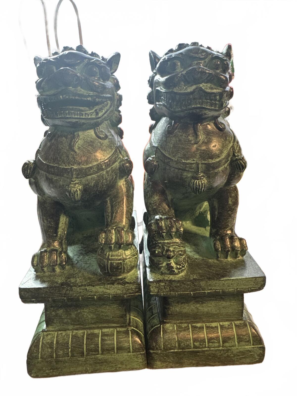 Pair of Khaki Fu Dog Figurines - Protective Guardian Statues