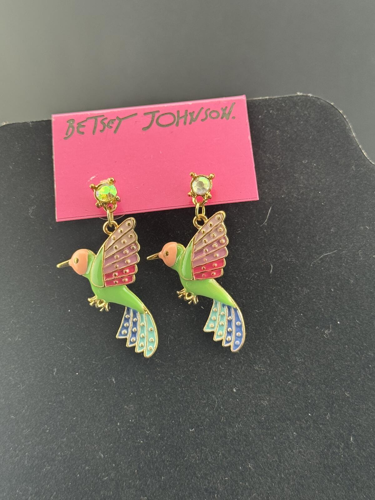 Betsey Johnson Hummingbird Drop Earrings Multicolor Enamel