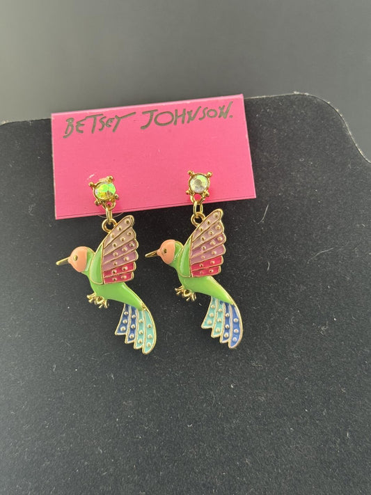 Betsey Johnson Hummingbird Drop Earrings Multicolor Enamel