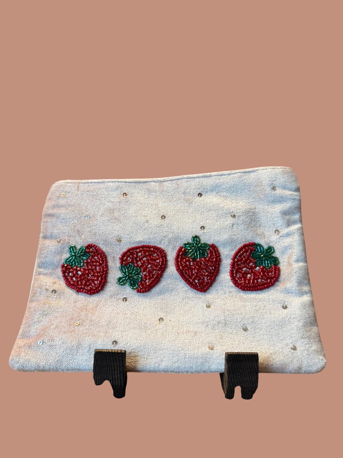 Cream Beaded Strawberry Zip Cosmetic Pouch with Tassel Charm