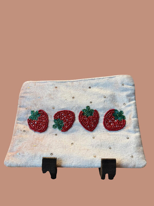 Cream Beaded Strawberry Zip Cosmetic Pouch with Tassel Charm