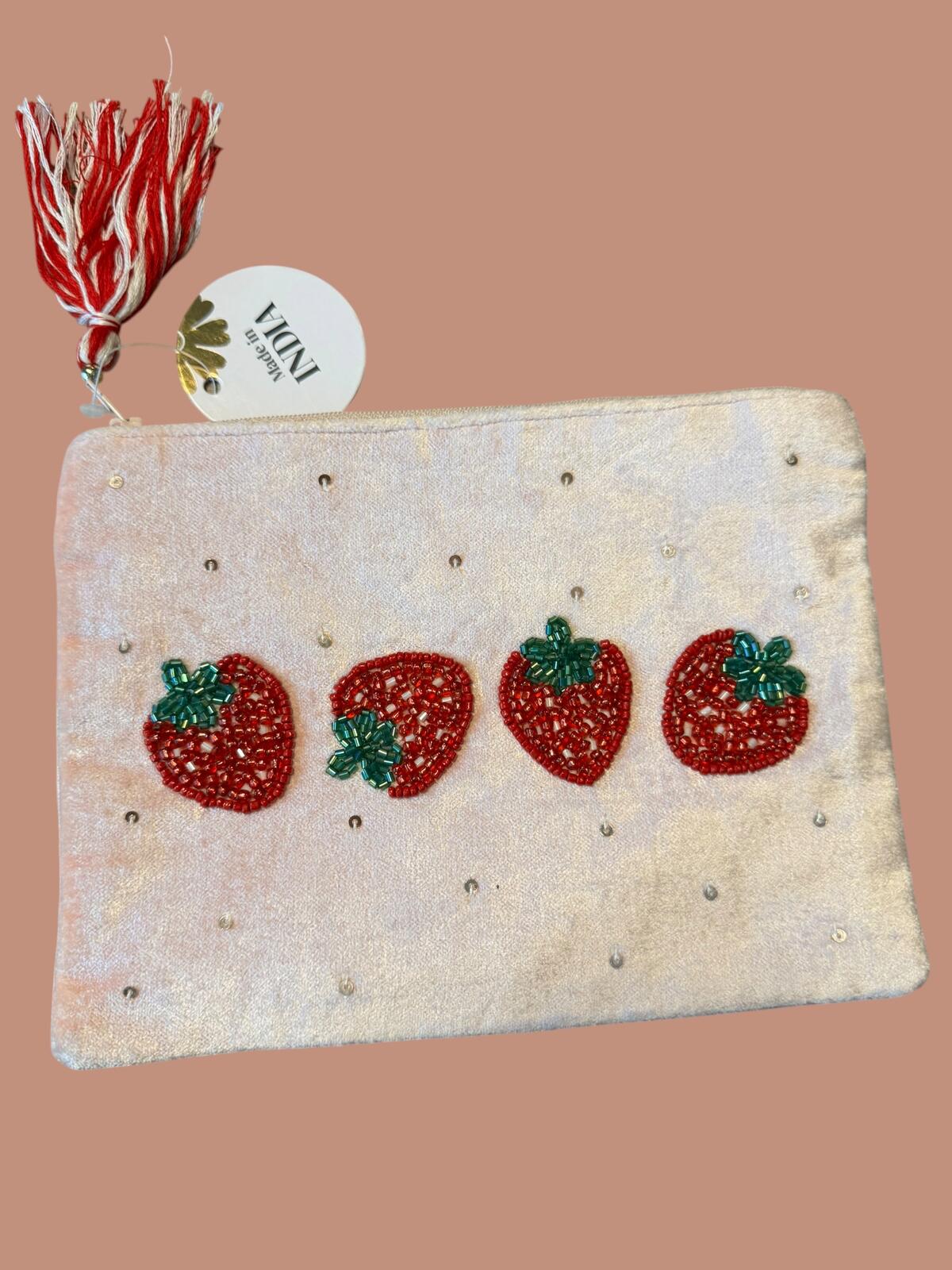 Cream Beaded Strawberry Zip Cosmetic Pouch with Tassel Charm