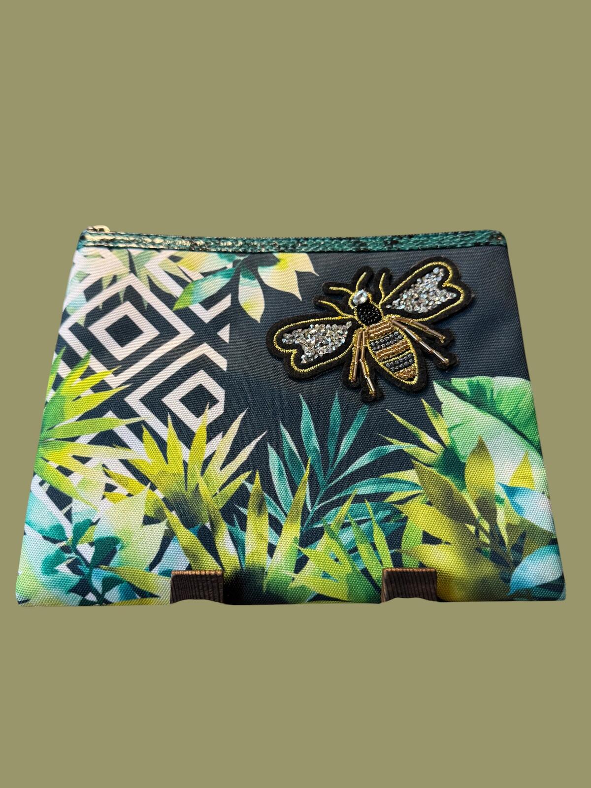 Papyrus Tropical Print Zip Pouch Clutch with Bee Embellished