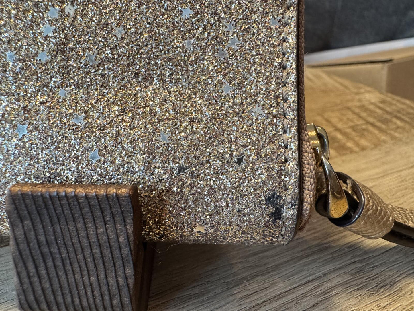 Coach Glitter Zip Wristlet Wallet Clutch with Leather Strap