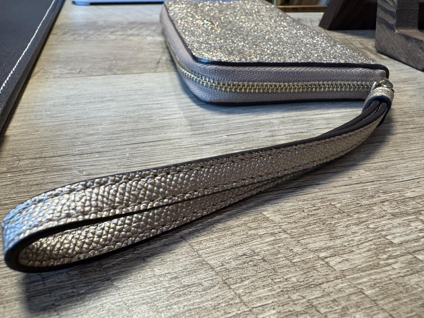 Coach Glitter Zip Wristlet Wallet Clutch with Leather Strap