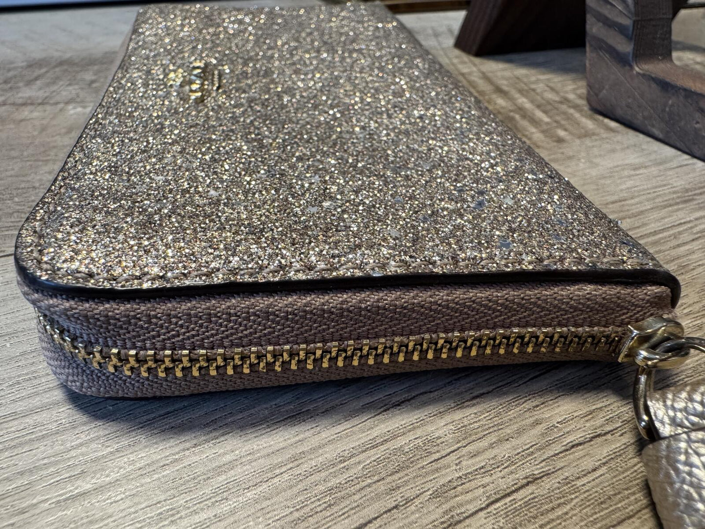 Coach Glitter Zip Wristlet Wallet Clutch with Leather Strap