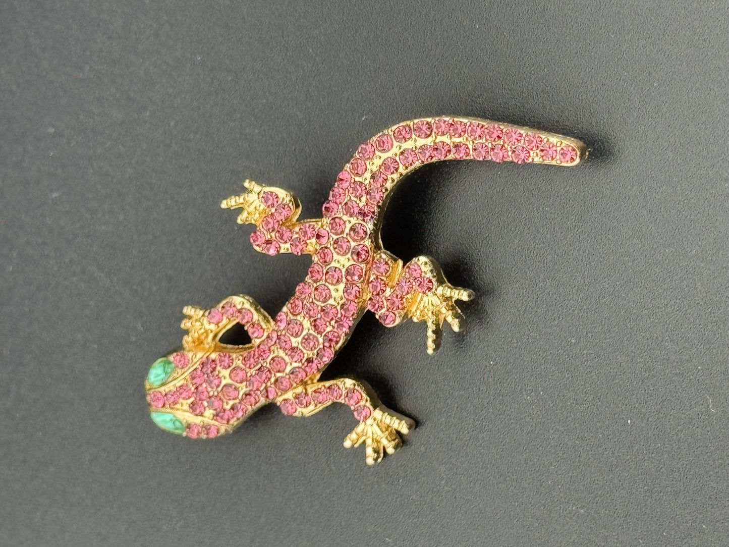 Pink Rhinestone Lizard Brooch with Green Eyes