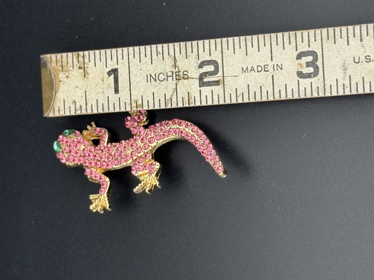 Pink Rhinestone Lizard Brooch with Green Eyes