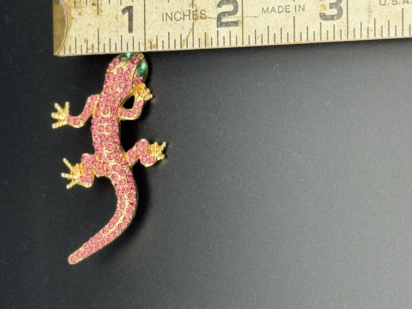 Pink Rhinestone Lizard Brooch with Green Eyes