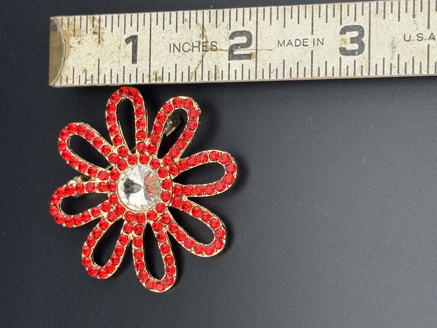 Red Rhinestone Flower Brooch Pin