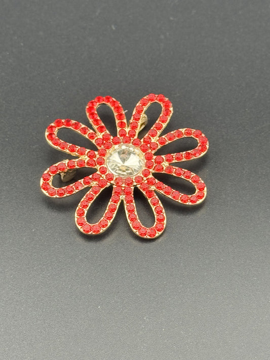 Red Rhinestone Flower Brooch Pin