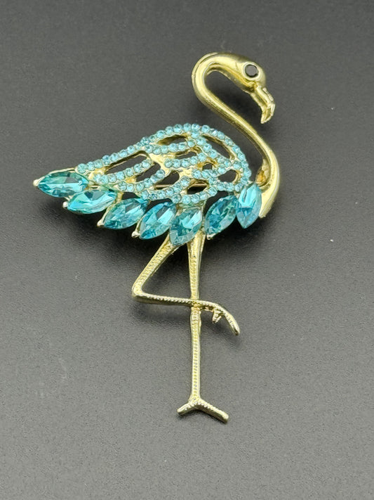 Gold Tone Flamingo Brooch with Blue Rhinestones