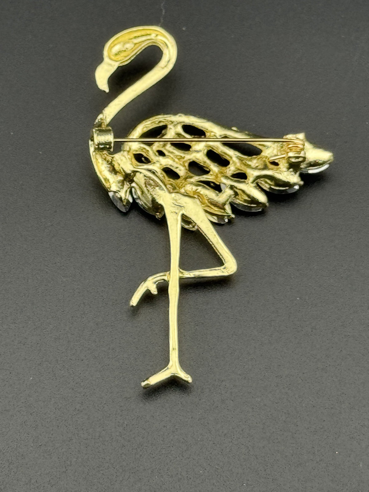 Gold Tone Flamingo Brooch with Blue Rhinestones
