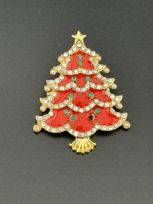Christmas Tree Brooch Pin with Rhinestones
