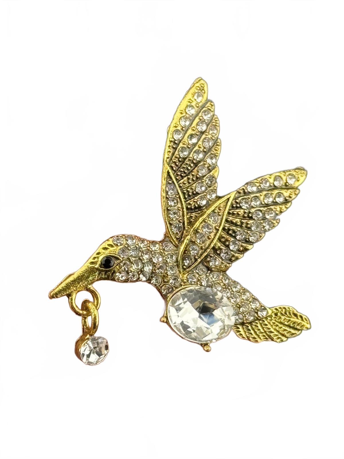 Gold Tone Crystal Hummingbird Brooch Pin