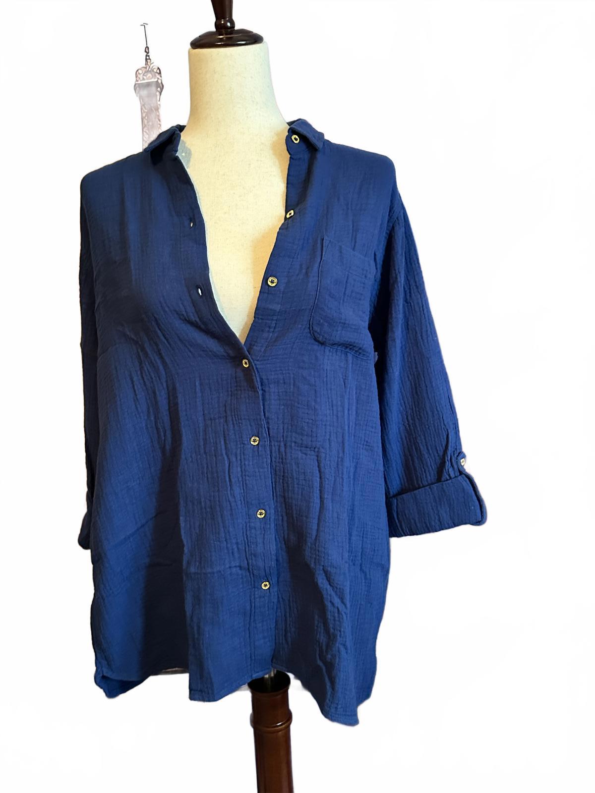 Anne Klein Navy Blue Button Up Shirt Size S