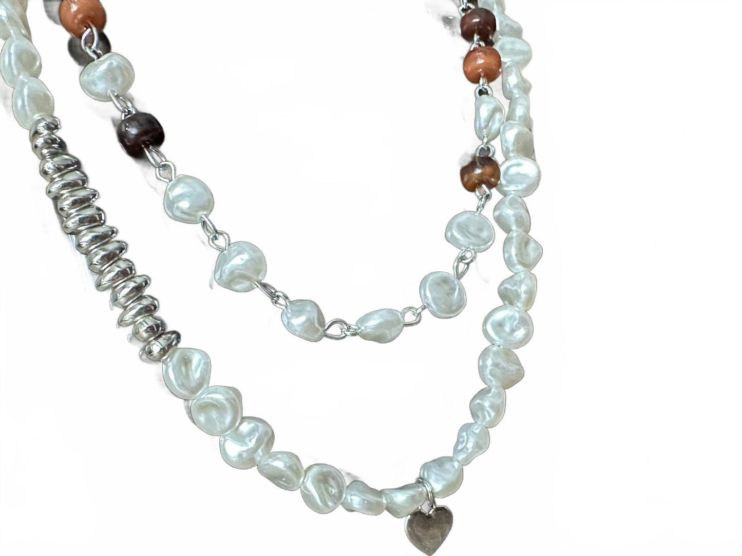 Double‑Strand Native‑Style Pearl Necklace w/ Heart Pendant