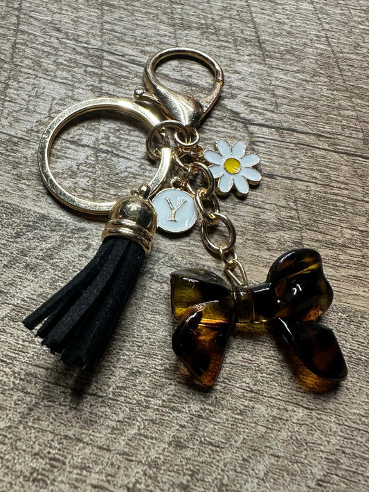 Keychain with Black Tassel, Daisy, and Tortoiseshell Bow