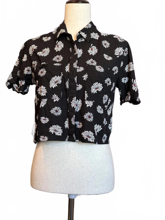 Vans Black Floral Cropped Short Sleeve Button-Up Shirt XS