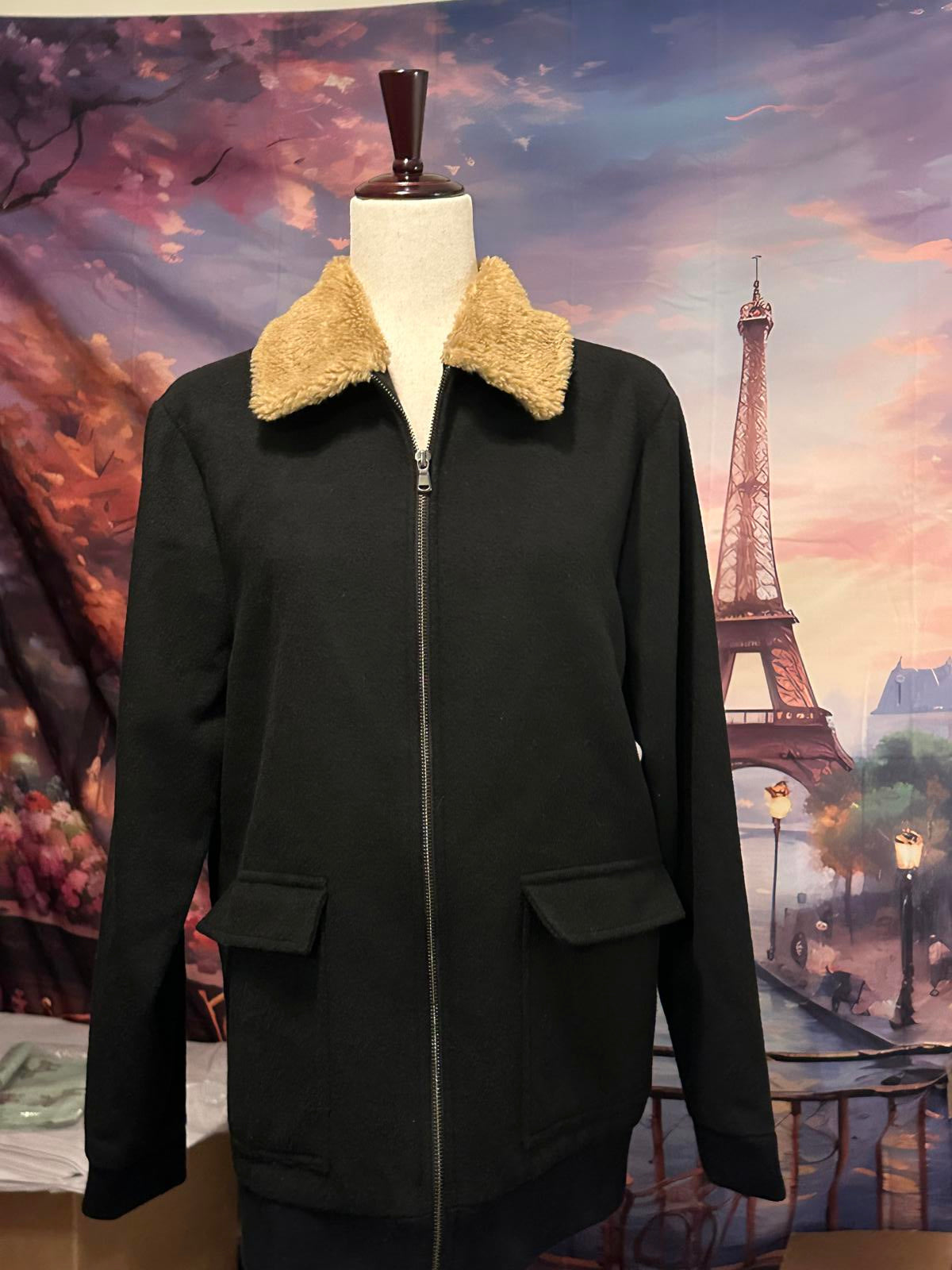 Open Edit Black Women's Jacket with Faux Fur Collar