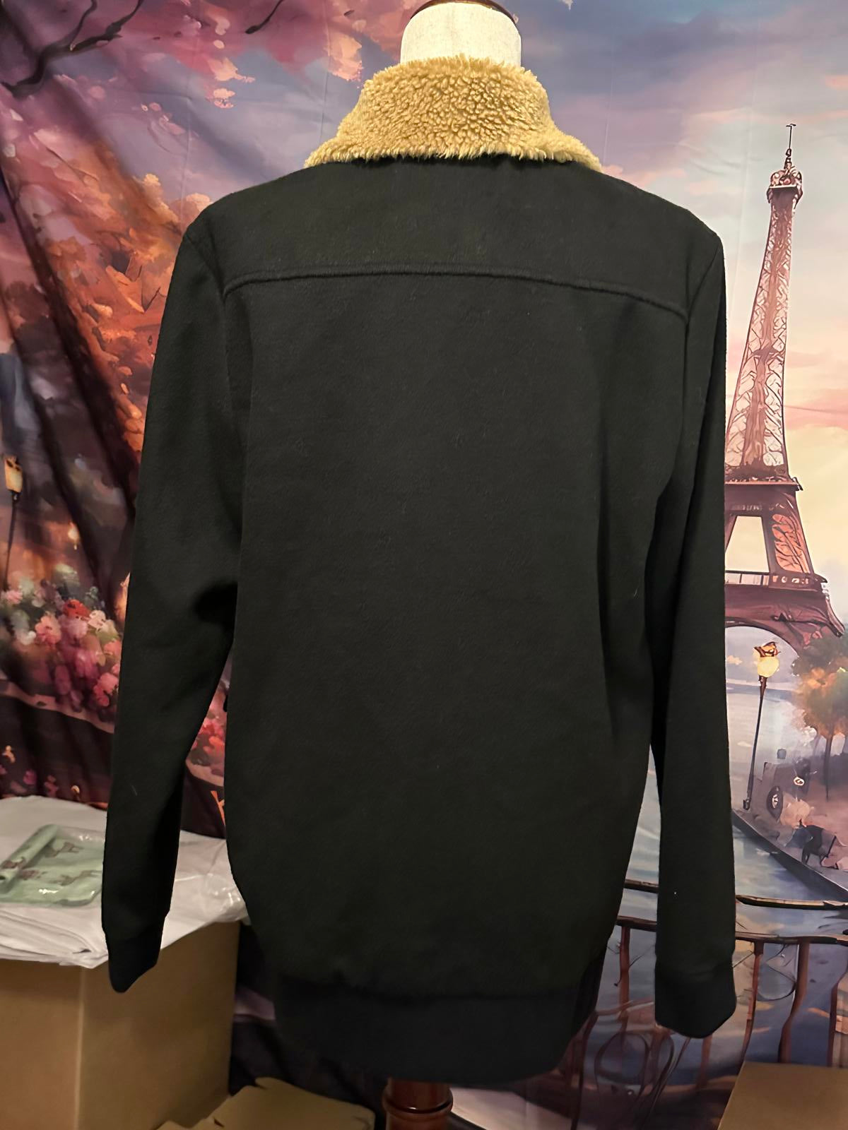 Open Edit Black Women's Jacket with Faux Fur Collar