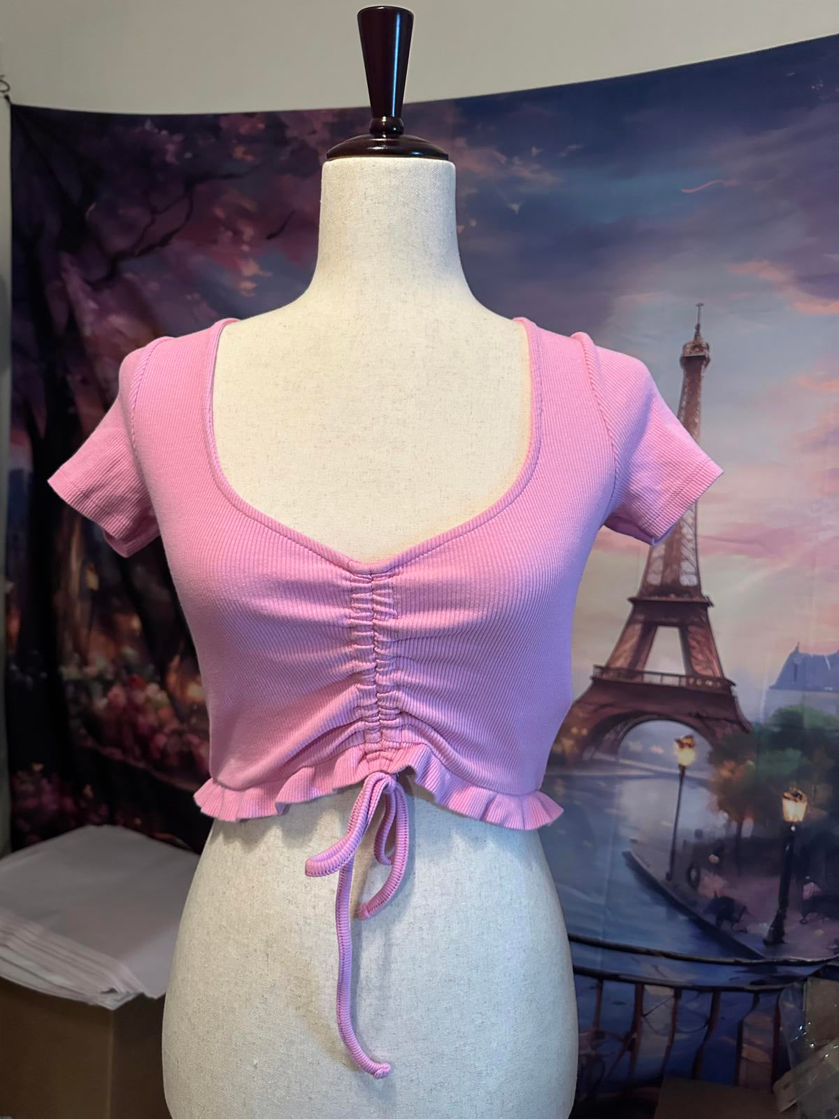 Zara Pink Ruched Drawstring Crop Top Size M