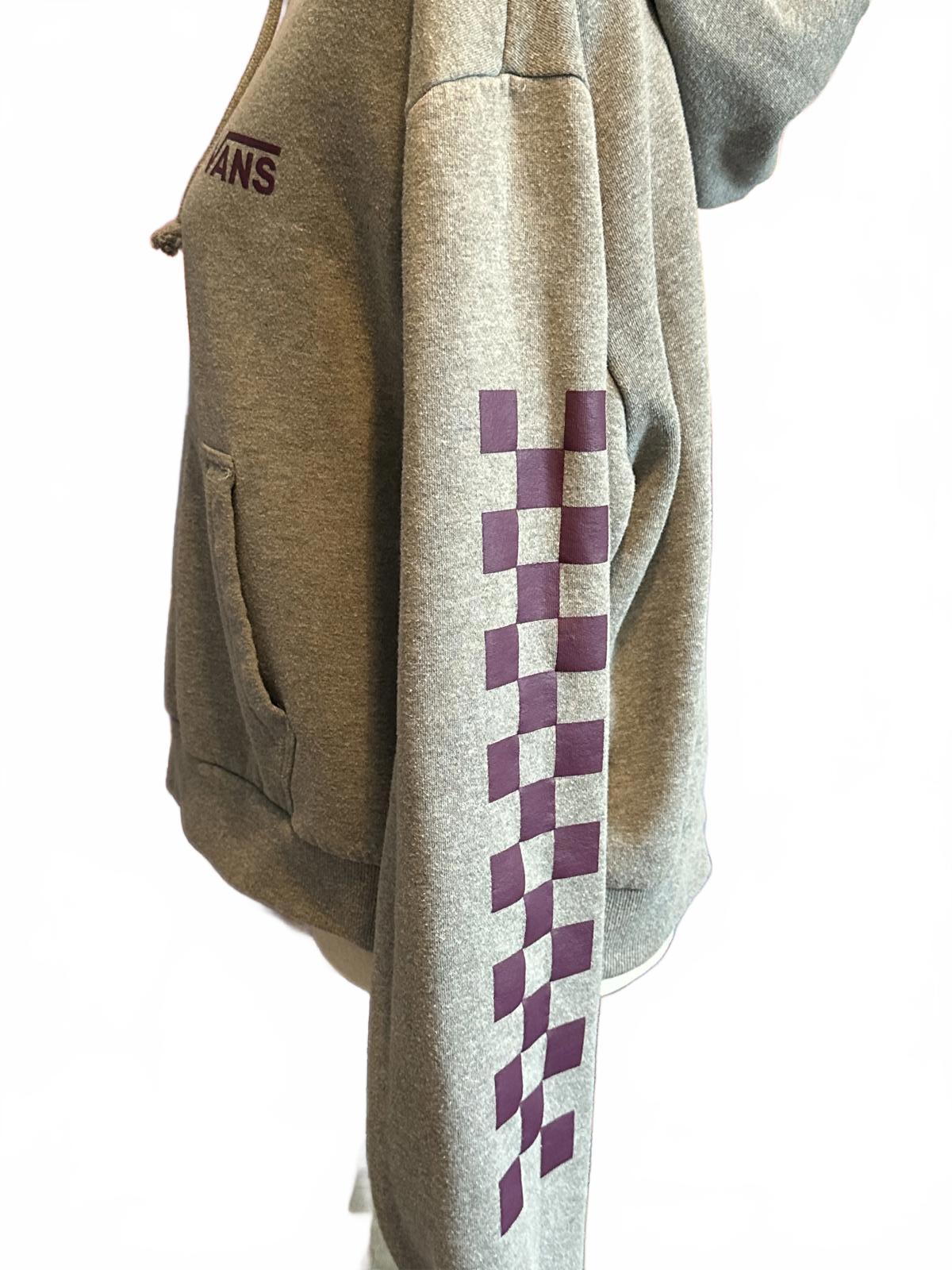 Vans Women's Gray Hoodie with Purple Checkerboard Design