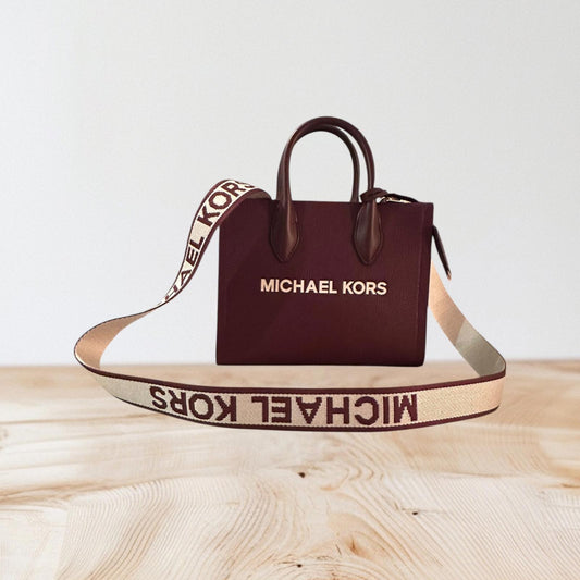 Michael Kors Burgundy Leather Satchel Bag with Logo Strap