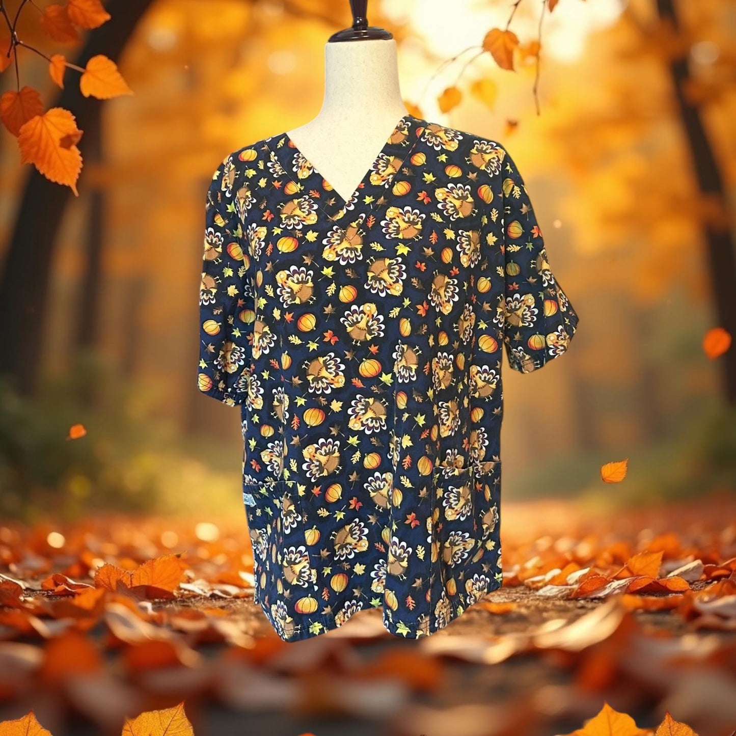 Women's Autumn-Themed Scrub Top with Turkey Print