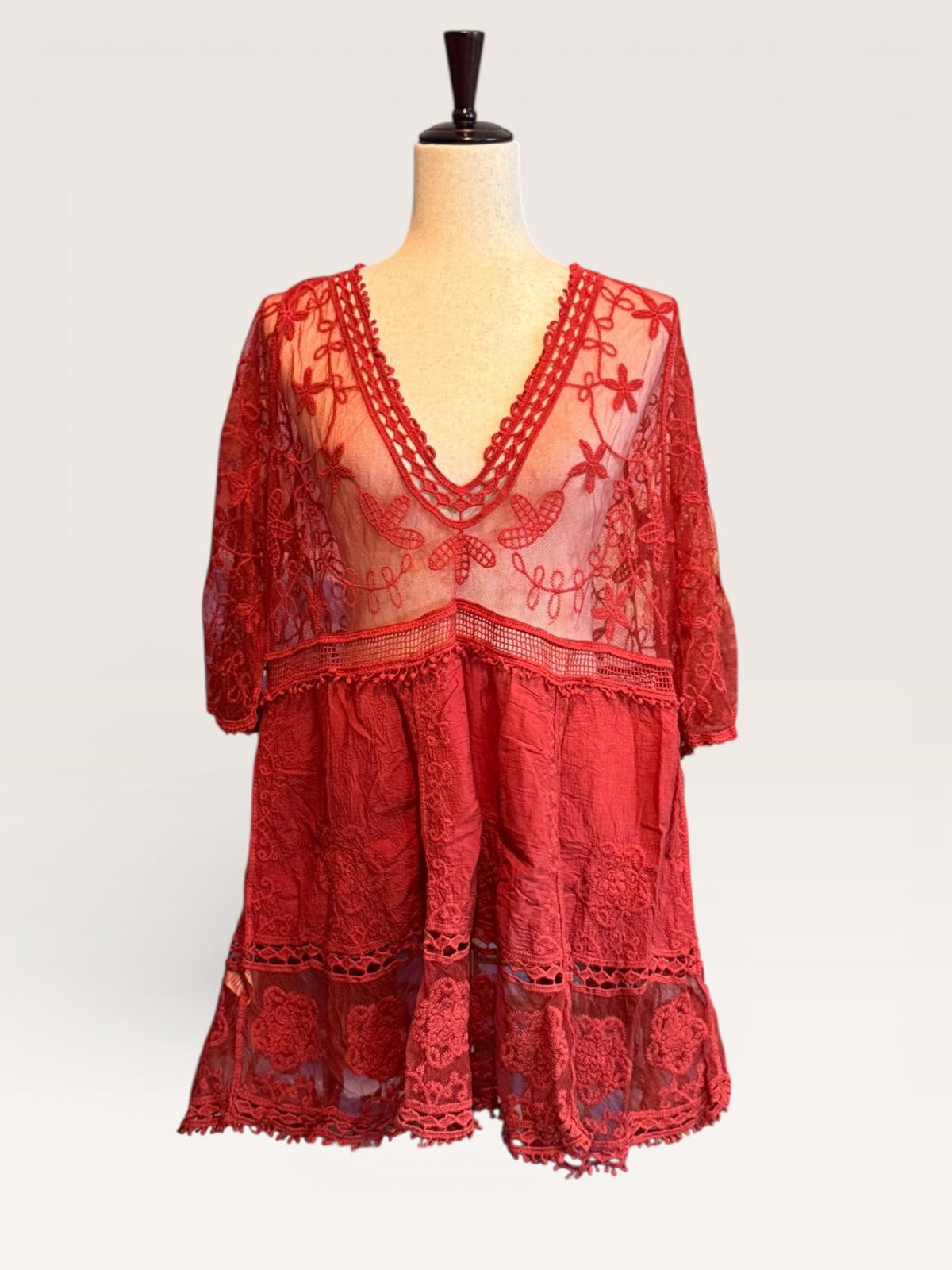 Elegant Red Lace Beach Cover-Up Dress