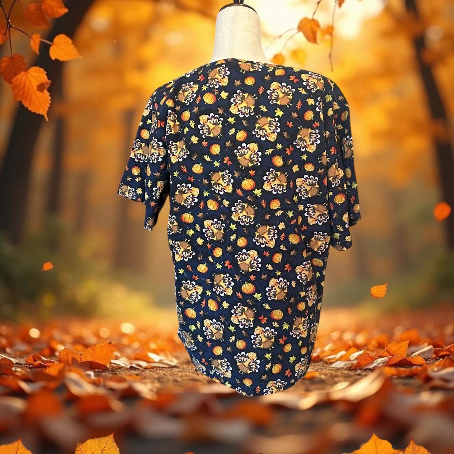 Women's Autumn-Themed Scrub Top with Turkey Print