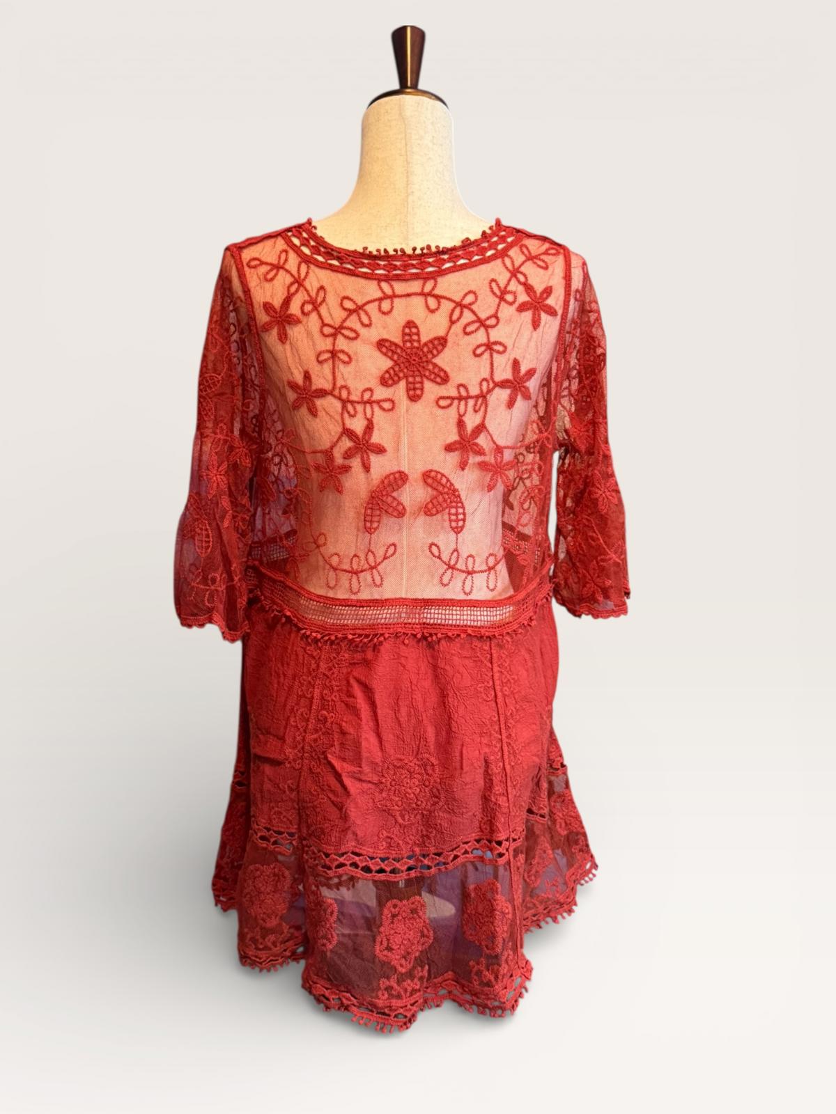 Elegant Red Lace Beach Cover-Up Dress