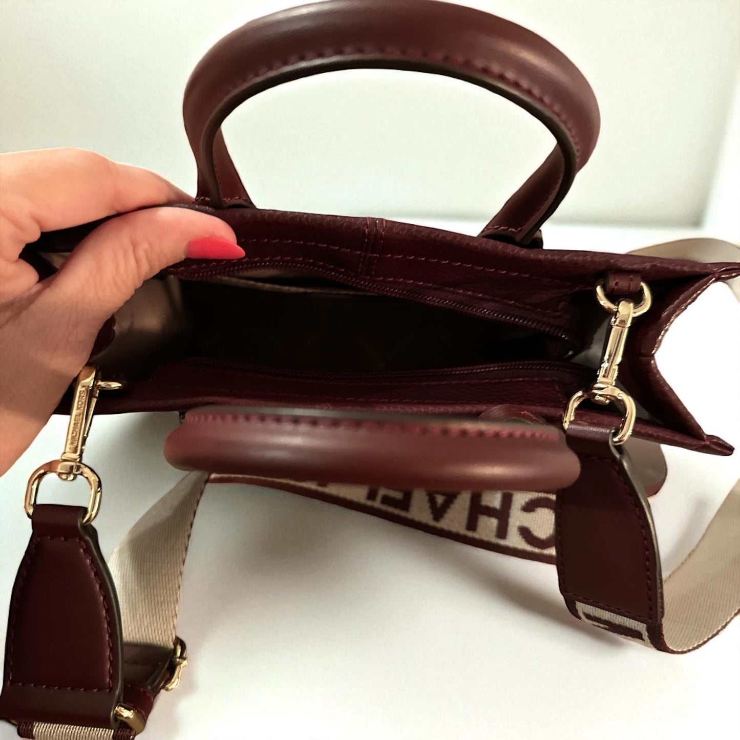 Michael Kors Burgundy Leather Satchel Bag with Logo Strap