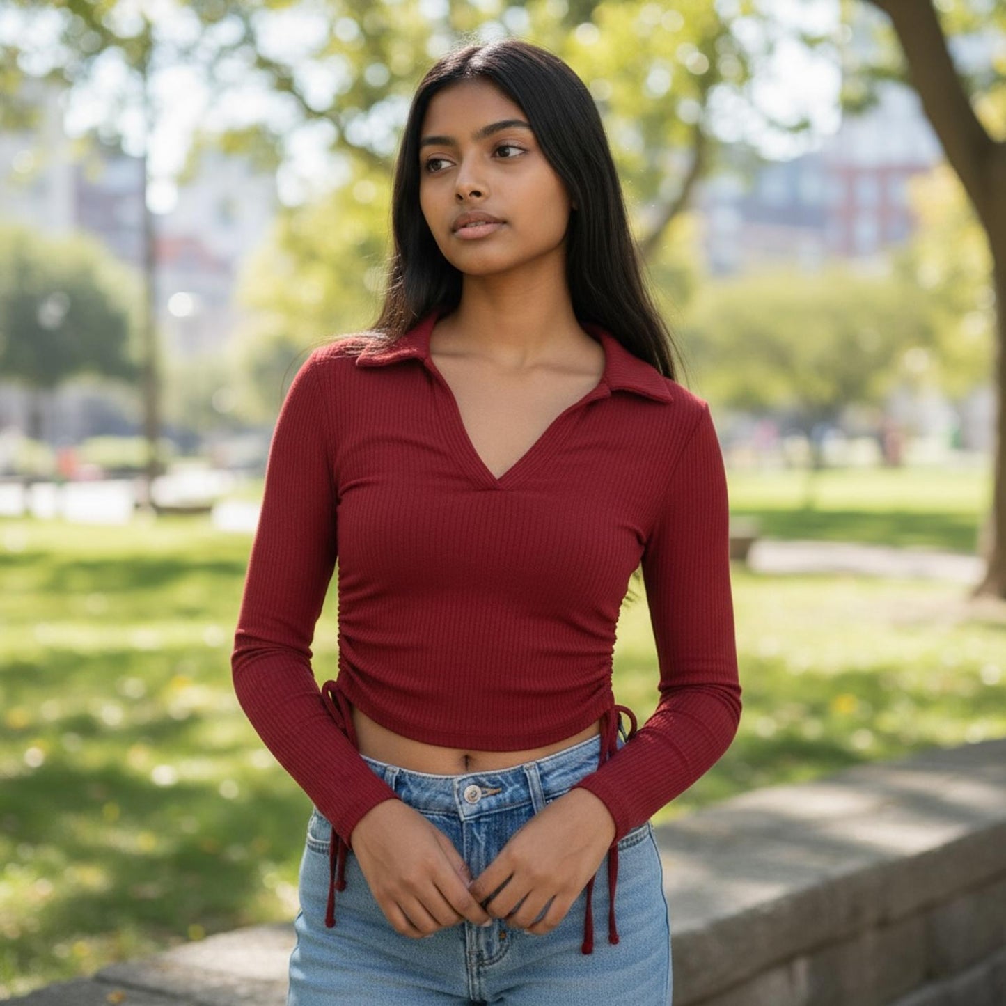 Almost Famous Long Sleeve Ribbed Top Burgundy Size Small