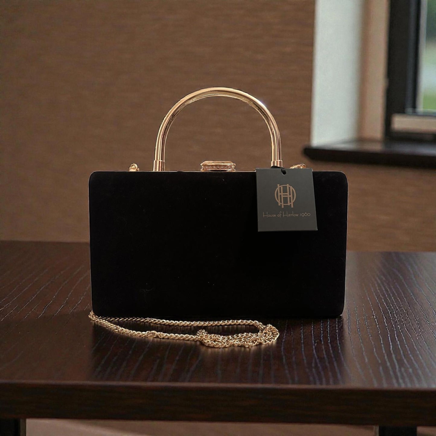 House of Harlow 1960 Black Velvet Handbag Gold Handle NWT