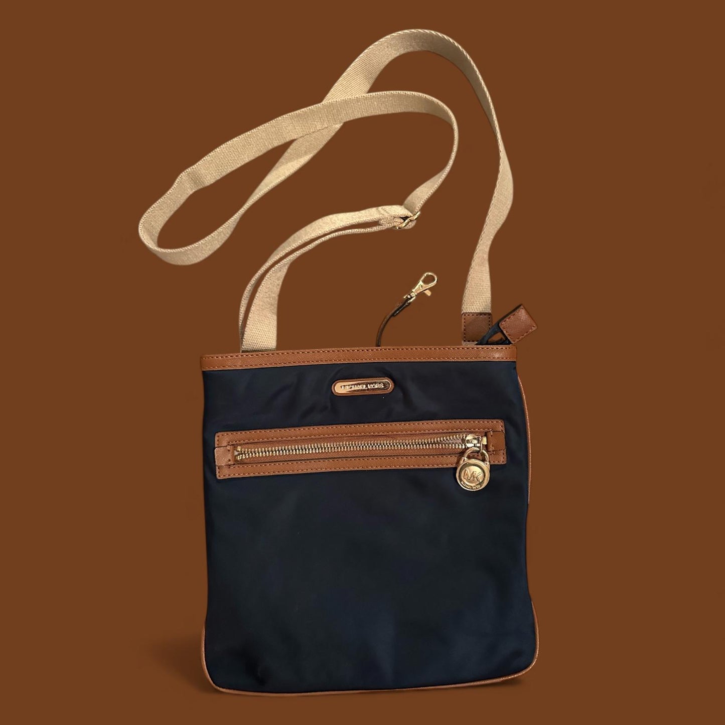 Michael Kors Navy & Brown Nylon Crossbody Shoulder Bag