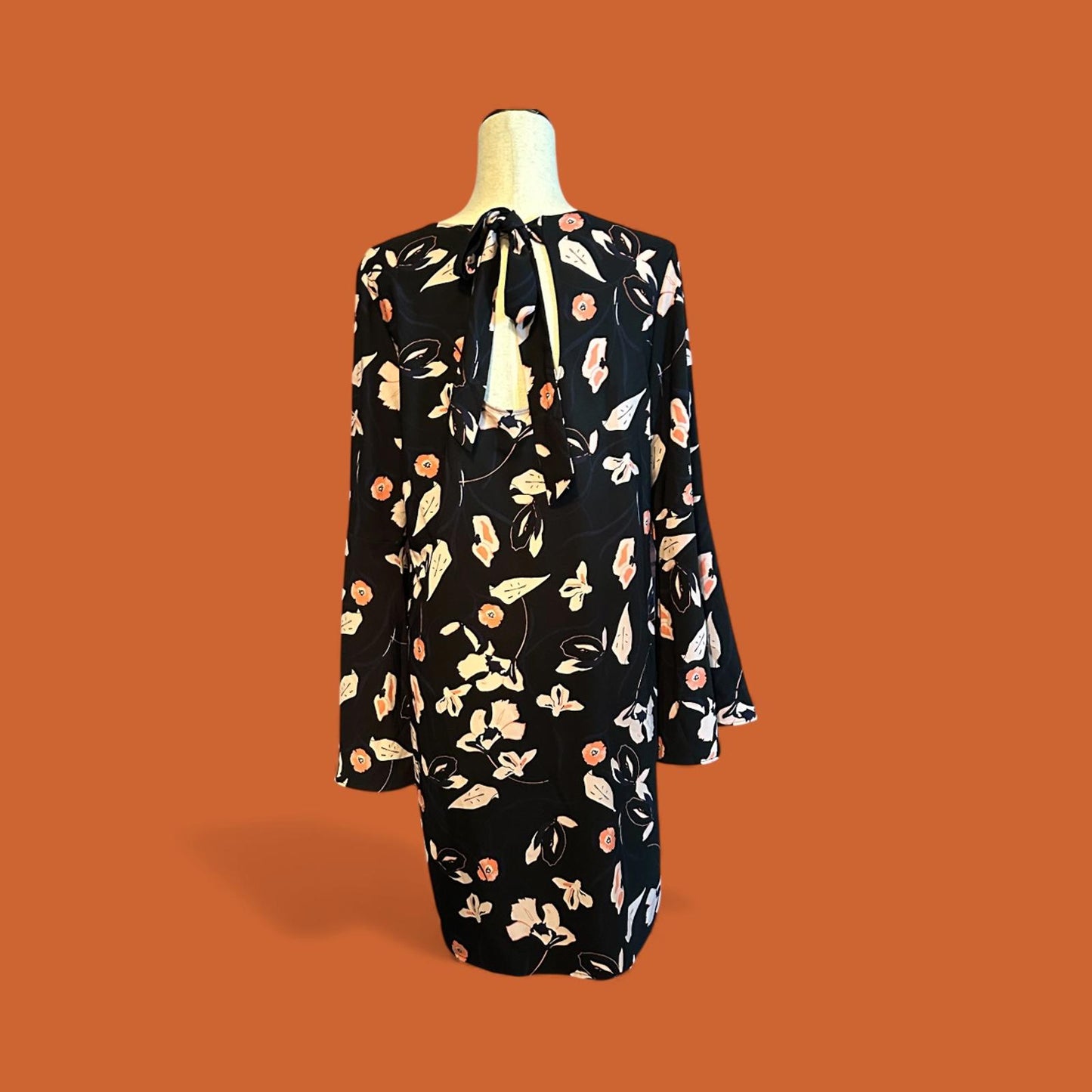 Halogen Black Floral Long Sleeve Dress with Back Tie Detail