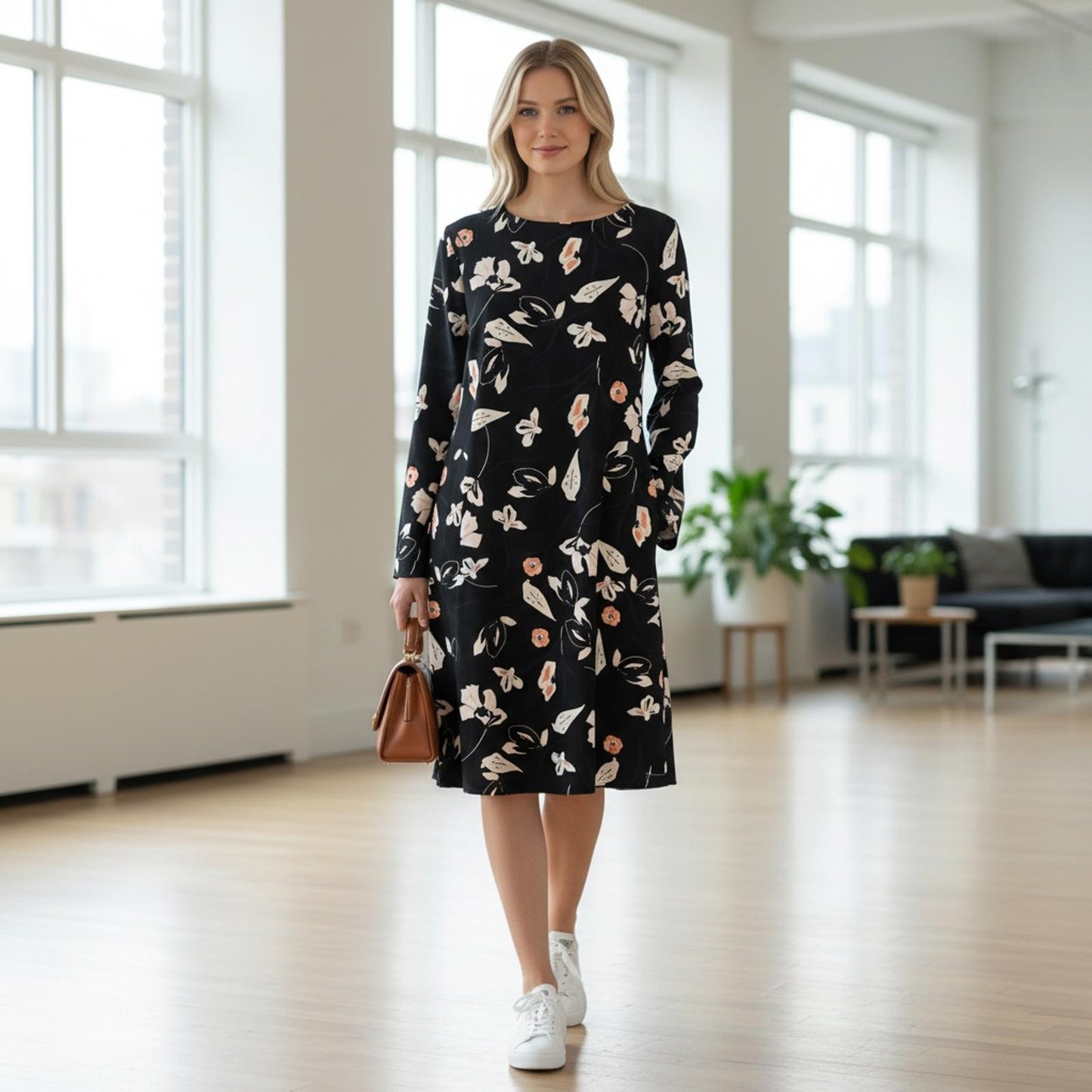 Halogen Black Floral Long Sleeve Dress with Back Tie Detail