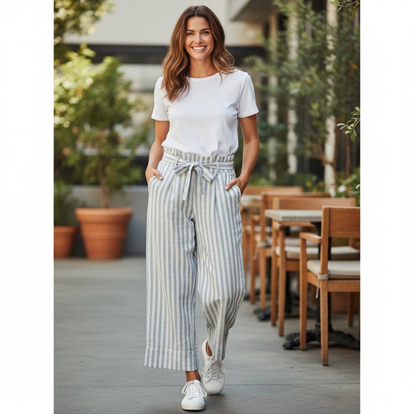 Madewell Women's Striped Wide Leg Pants with Waist Tie