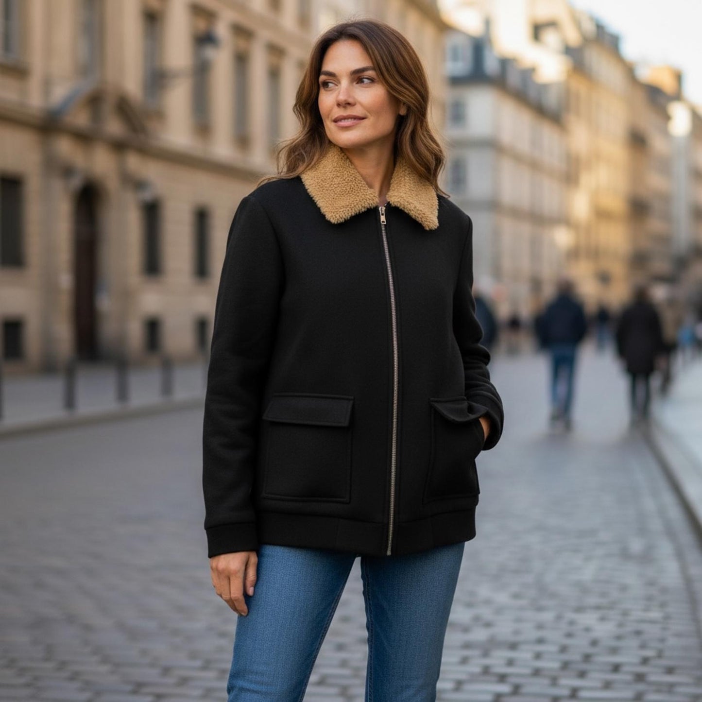 Open Edit Black Women's Jacket with Faux Fur Collar