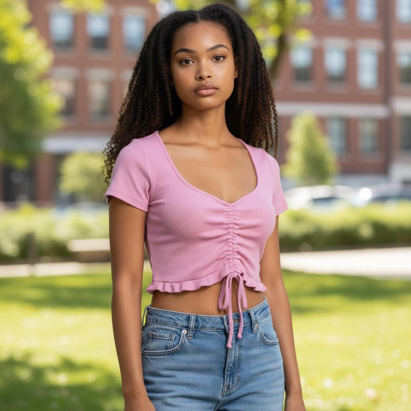 Zara Pink Ruched Drawstring Crop Top Size M