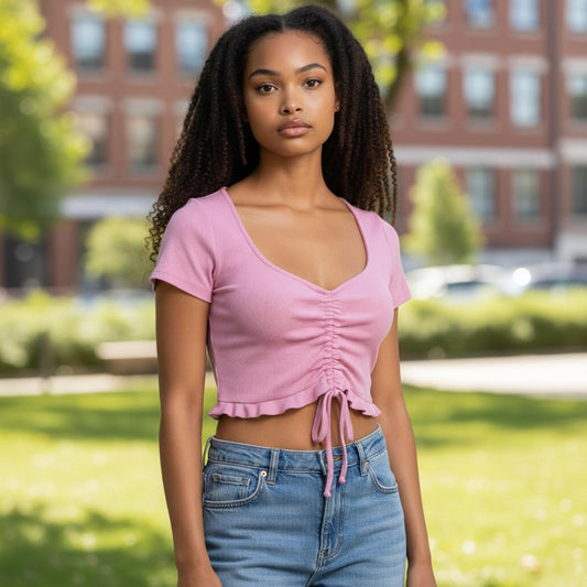 Zara Pink Ruched Drawstring Crop Top Size M