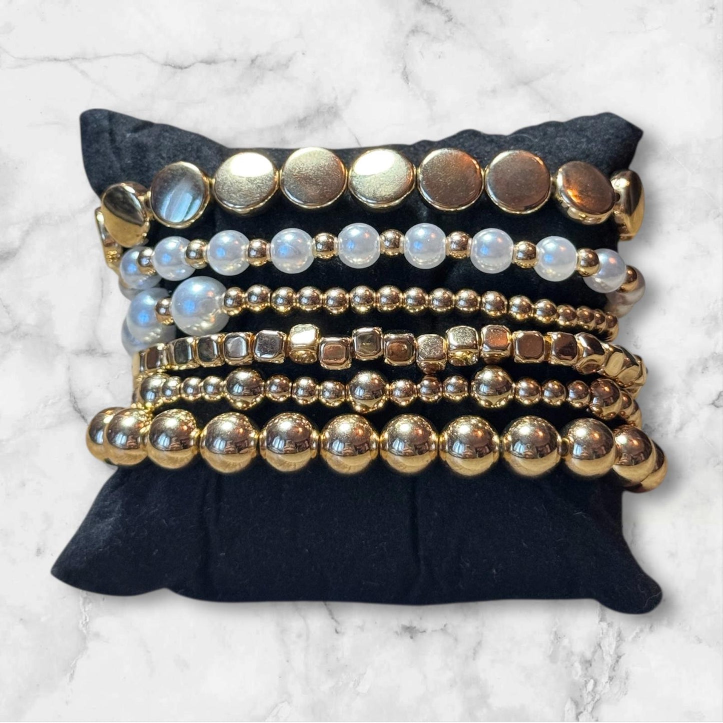 Gold & Pearl Beaded Multi Layer Elastic Bracelets 6 pcs
