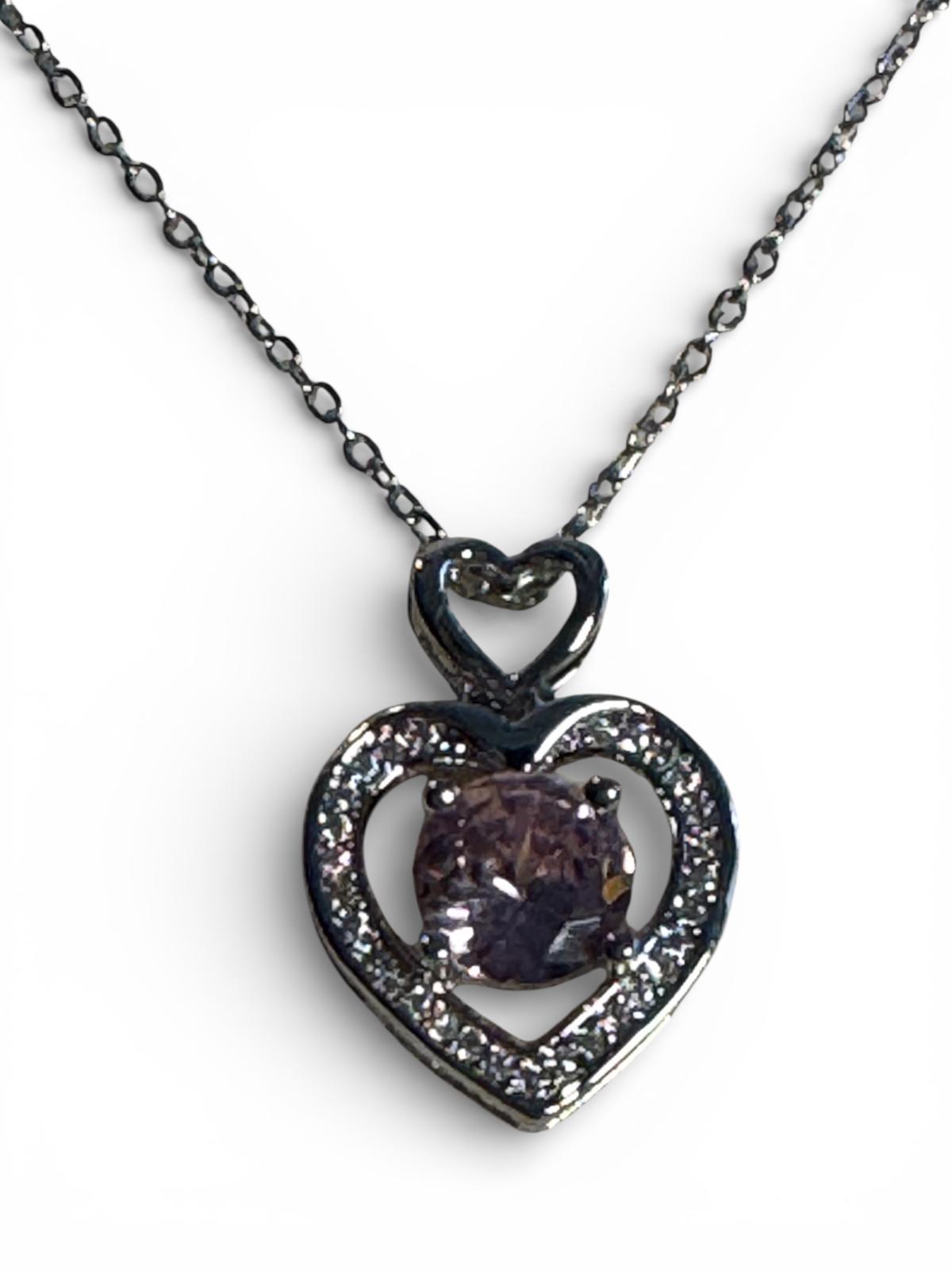 Heart Pendant Necklace with Pink Center Gemstone Stainless