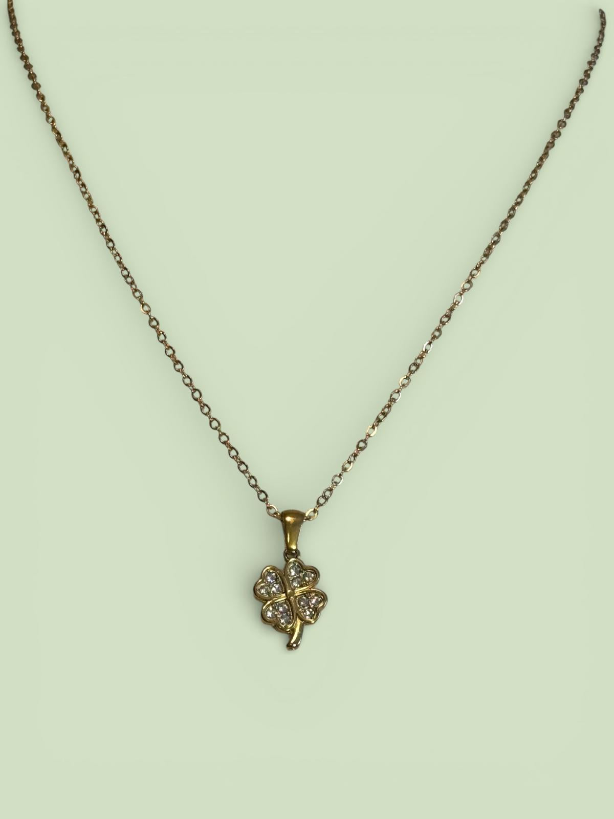 Gold Tone Four Leaf Clover Pendant Necklace with Rhinestones