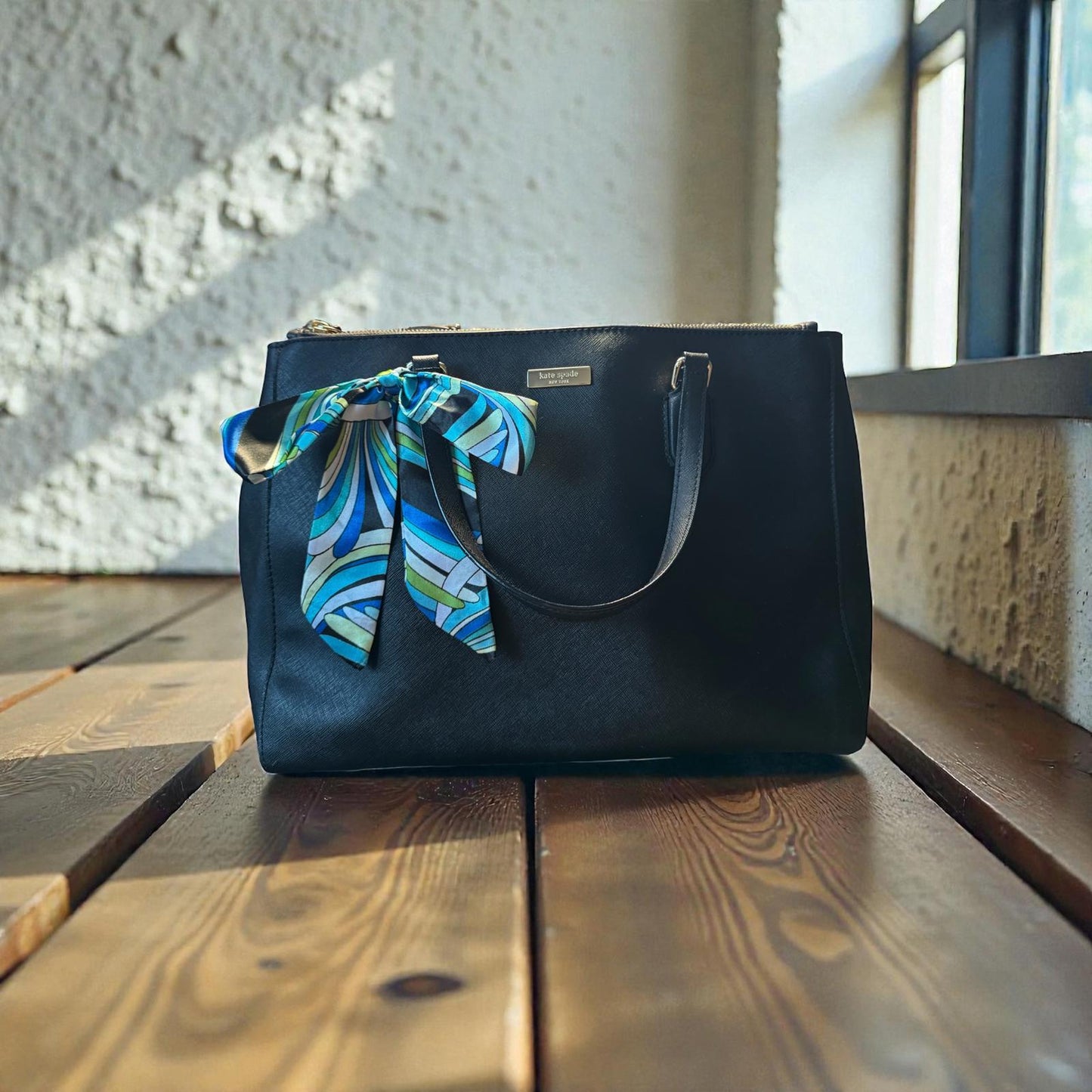 Kate Spade Black Leather Tote Bag with Blue Accent Scarf