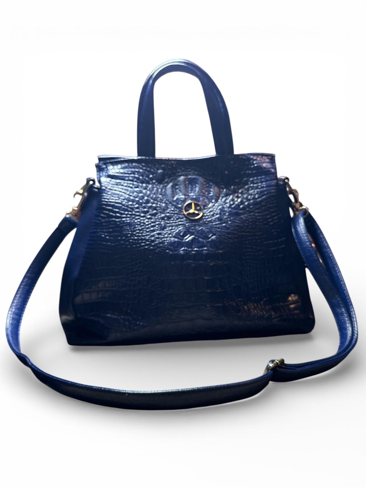 Navy Blue Faux Leather Tote Bag with Shoulder Strap