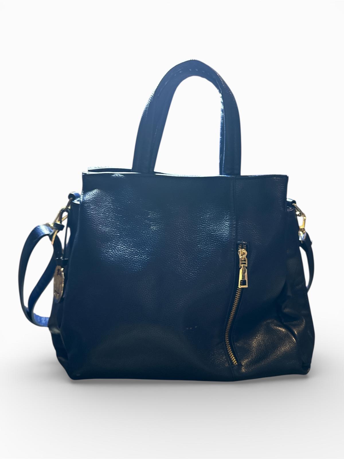 Navy Blue Faux Leather Tote Bag with Shoulder Strap